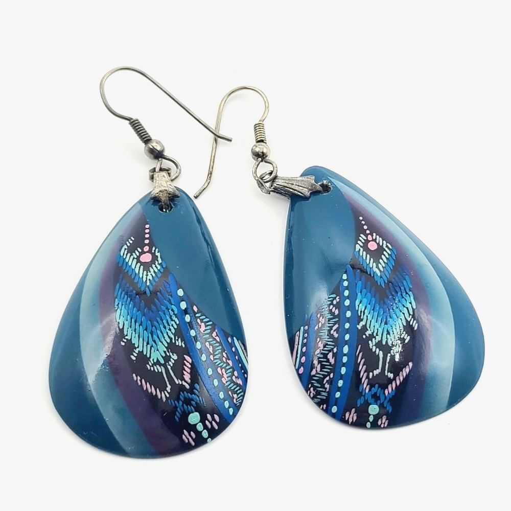 Large Blue Whimsical Feather Painted Dangle Boho Wearable Art Earrings